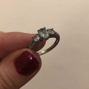 Oval Aquamarine & Diamond Three Stone Silver Ring
